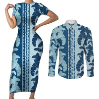Hawaii Pua Kenikeni Lei Couples Matching Short Sleeve Bodycon Dress and Long Sleeve Button Shirt With Lau Maia Royal Blue LT05 Blue - Polynesian Pride