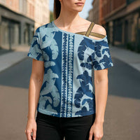 Hawaii Pua Kenikeni Lei Cross Shoulder Shirt With Lau Maia Royal Blue