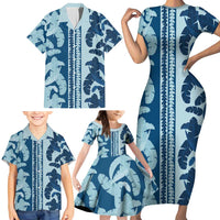 Hawaii Pua Kenikeni Lei Family Matching Short Sleeve Bodycon Dress and Hawaiian Shirt With Lau Maia Royal Blue LT05 - Polynesian Pride