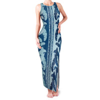 Hawaii Pua Kenikeni Lei Family Matching Tank Maxi Dress and Hawaiian Shirt With Lau Maia Royal Blue LT05 Mom's Dress Blue - Polynesian Pride