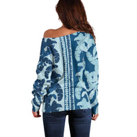 Hawaii Pua Kenikeni Lei Off Shoulder Sweater With Lau Maia Royal Blue
