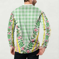 Hawaii Pikake Lokelani Plumeria Lei Button Sweatshirt Green Palaka Motifs