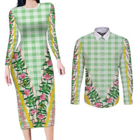Hawaii Pikake Lokelani Plumeria Lei Couples Matching Long Sleeve Bodycon Dress and Long Sleeve Button Shirt Green Palaka Motifs LT05 Green - Polynesian Pride