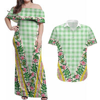 Hawaii Pikake Lokelani Plumeria Lei Couples Matching Off Shoulder Maxi Dress and Hawaiian Shirt Green Palaka Motifs LT05 Green - Polynesian Pride