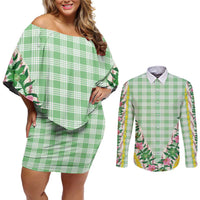 Hawaii Pikake Lokelani Plumeria Lei Couples Matching Off Shoulder Short Dress and Long Sleeve Button Shirt Green Palaka Motifs LT05 Green - Polynesian Pride