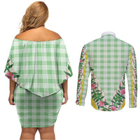 Hawaii Pikake Lokelani Plumeria Lei Couples Matching Off Shoulder Short Dress and Long Sleeve Button Shirt Green Palaka Motifs LT05 - Polynesian Pride