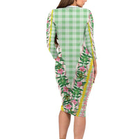 Hawaii Pikake Lokelani Plumeria Lei Family Matching Long Sleeve Bodycon Dress and Hawaiian Shirt Green Palaka Motifs LT05 - Polynesian Pride