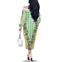 Hawaii Pikake Lokelani Plumeria Lei Family Matching Off The Shoulder Long Sleeve Dress and Hawaiian Shirt Green Palaka Motifs LT05 - Polynesian Pride