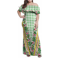 Hawaii Pikake Lokelani Plumeria Lei Family Matching Off Shoulder Maxi Dress and Hawaiian Shirt Green Palaka Motifs LT05 Mom's Dress Green - Polynesian Pride