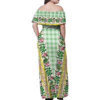 Hawaii Pikake Lokelani Plumeria Lei Family Matching Off Shoulder Maxi Dress and Hawaiian Shirt Green Palaka Motifs LT05 - Polynesian Pride