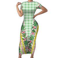 Hawaii Pikake Lokelani Plumeria Lei Family Matching Short Sleeve Bodycon Dress and Hawaiian Shirt Green Palaka Motifs LT05 Mom's Dress Green - Polynesian Pride