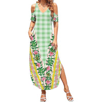 Hawaii Pikake Lokelani Plumeria Lei Family Matching Summer Maxi Dress and Hawaiian Shirt Green Palaka Motifs LT05 Mom's Dress Green - Polynesian Pride