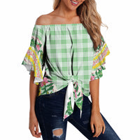 Hawaii Pikake Lokelani Plumeria Lei Off Shoulder Wrap Waist Top Green Palaka Motifs LT05 - Polynesian Pride