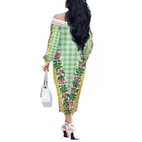 Hawaii Pikake Lokelani Plumeria Lei Off The Shoulder Long Sleeve Dress Green Palaka Motifs LT05 - Polynesian Pride