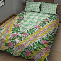 Hawaii Pikake Lokelani Plumeria Lei Quilt Bed Set Green Palaka Motifs