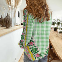 Hawaii Pikake Lokelani Plumeria Lei Women Casual Shirt Green Palaka Motifs LT05 - Polynesian Pride