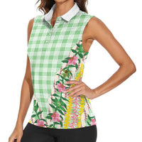 Hawaii Pikake Lokelani Plumeria Lei Women Sleeveless Polo Shirt Green Palaka Motifs