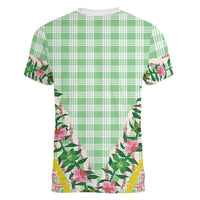 Hawaii Pikake Lokelani Plumeria Lei Women V-Neck T-Shirt Green Palaka Motifs LT05 - Polynesian Pride