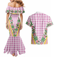 Hawaii Pikake Lokelani Plumeria Lei Couples Matching Mermaid Dress and Hawaiian Shirt Pink Palaka Motifs LT05 - Polynesian Pride