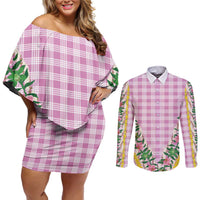 Hawaii Pikake Lokelani Plumeria Lei Couples Matching Off Shoulder Short Dress and Long Sleeve Button Shirt Pink Palaka Motifs LT05 Pink - Polynesian Pride