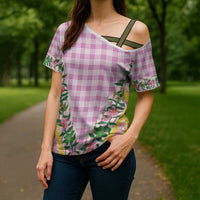 Hawaii Pikake Lokelani Plumeria Lei Cross Shoulder Shirt Pink Palaka Motifs