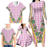 Hawaii Pikake Lokelani Plumeria Lei Family Matching Long Sleeve Bodycon Dress and Hawaiian Shirt Pink Palaka Motifs LT05 - Polynesian Pride