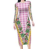 Hawaii Pikake Lokelani Plumeria Lei Family Matching Long Sleeve Bodycon Dress and Hawaiian Shirt Pink Palaka Motifs LT05 Mom's Dress Pink - Polynesian Pride