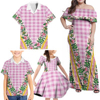Hawaii Pikake Lokelani Plumeria Lei Family Matching Off Shoulder Maxi Dress and Hawaiian Shirt Pink Palaka Motifs LT05 - Polynesian Pride