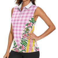 Hawaii Pikake Lokelani Plumeria Lei Women Sleeveless Polo Shirt Pink Palaka Motifs LT05 - Polynesian Pride