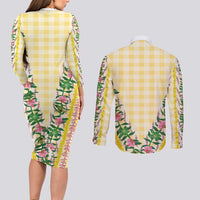 Hawaii Pikake Lokelani Plumeria Lei Couples Matching Long Sleeve Bodycon Dress and Long Sleeve Button Shirt Yellow Palaka Motifs LT05 - Polynesian Pride