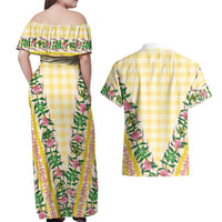 Hawaii Pikake Lokelani Plumeria Lei Couples Matching Off Shoulder Maxi Dress and Hawaiian Shirt Yellow Palaka Motifs LT05 - Polynesian Pride