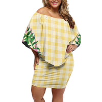 Hawaii Pikake Lokelani Plumeria Lei Family Matching Off Shoulder Short Dress and Hawaiian Shirt Yellow Palaka Motifs LT05 Mom's Dress Yellow - Polynesian Pride