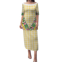 Hawaii Pikake Lokelani Plumeria Lei Family Matching Puletasi and Hawaiian Shirt Yellow Palaka Motifs LT05 Mom's Dress Yellow - Polynesian Pride