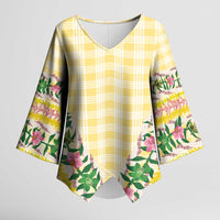 Hawaii Pikake Lokelani Plumeria Lei Kimono Sleeve Blouse Yellow Palaka Motifs