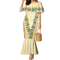Hawaii Pikake Lokelani Plumeria Lei Mermaid Dress Yellow Palaka Motifs