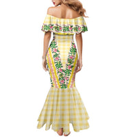 Hawaii Pikake Lokelani Plumeria Lei Mermaid Dress Yellow Palaka Motifs