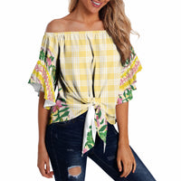 Hawaii Pikake Lokelani Plumeria Lei Off Shoulder Wrap Waist Top Yellow Palaka Motifs LT05 - Polynesian Pride