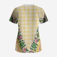 Hawaii Pikake Lokelani Plumeria Lei Scrub Top Yellow Palaka Motifs