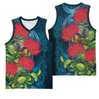 New Zealand Matariki Piwakawaka Basketball Jersey Maori Koru With Pohutukawa Flowers LT05 - Polynesian Pride