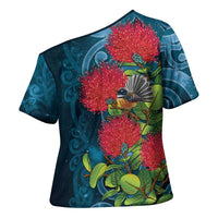 New Zealand Matariki Piwakawaka Cross Shoulder Shirt Maori Koru With Pohutukawa Flowers LT05 - Polynesian Pride