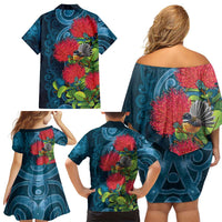 New Zealand Matariki Piwakawaka Family Matching Off Shoulder Short Dress and Hawaiian Shirt Maori Koru With Pohutukawa Flowers LT05 - Polynesian Pride