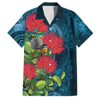 New Zealand Matariki Piwakawaka Family Matching Summer Maxi Dress and Hawaiian Shirt Maori Koru With Pohutukawa Flowers LT05 Dad's Shirt - Short Sleeve Dark Teal - Polynesian Pride
