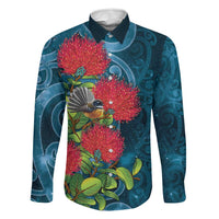 New Zealand Matariki Piwakawaka Family Matching Summer Maxi Dress and Hawaiian Shirt Maori Koru With Pohutukawa Flowers LT05 Dad's Shirt - Long Sleeve Dark Teal - Polynesian Pride