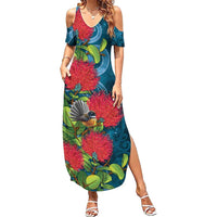 New Zealand Matariki Piwakawaka Family Matching Summer Maxi Dress and Hawaiian Shirt Maori Koru With Pohutukawa Flowers LT05 Mom's Dress Dark Teal - Polynesian Pride