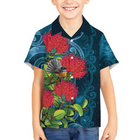 New Zealand Matariki Piwakawaka Family Matching Summer Maxi Dress and Hawaiian Shirt Maori Koru With Pohutukawa Flowers LT05 Son's Shirt Dark Teal - Polynesian Pride
