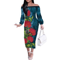 New Zealand Matariki Piwakawaka Off The Shoulder Long Sleeve Dress Maori Koru With Pohutukawa Flowers LT05 Women Dark Teal - Polynesian Pride