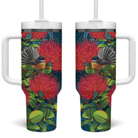 New Zealand Matariki Piwakawaka Tumbler With Handle Maori Koru With Pohutukawa Flowers LT05 One Size: 40 oz Dark Teal - Polynesian Pride