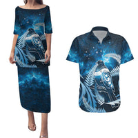 New Zealand Matariki Couples Matching Puletasi and Hawaiian Shirt Pigeon Kereru Maori Fern Art LT05 Blue - Polynesian Pride