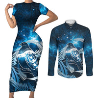 New Zealand Matariki Couples Matching Short Sleeve Bodycon Dress and Long Sleeve Button Shirt Pigeon Kereru Maori Fern Art LT05 Blue - Polynesian Pride