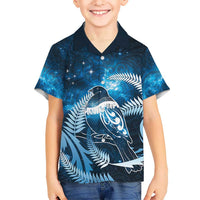 New Zealand Matariki Family Matching Off Shoulder Maxi Dress and Hawaiian Shirt Pigeon Kereru Maori Fern Art LT05 Son's Shirt Blue - Polynesian Pride